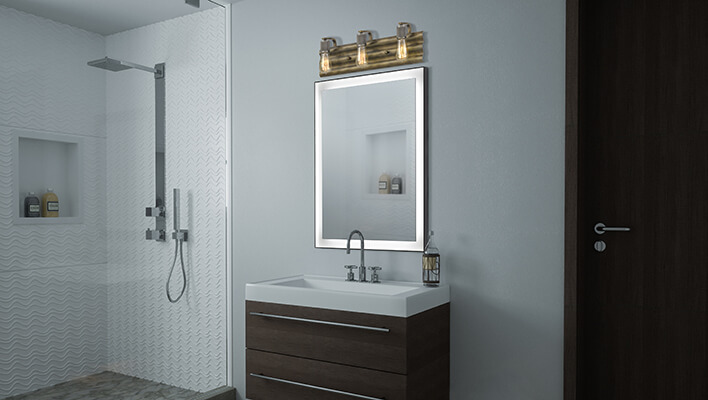 lighted mirror in modern bathroom