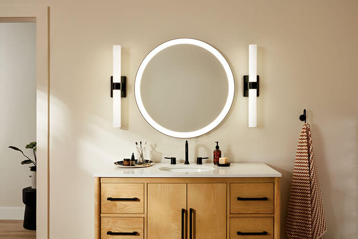 lighted mirror in modern bathroom